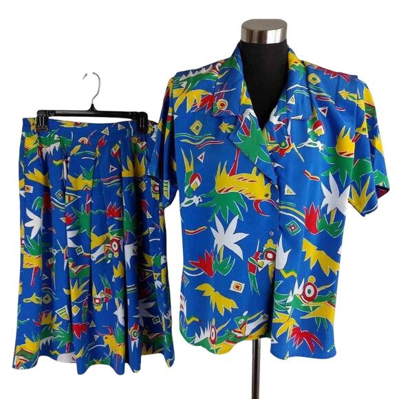 Diane Von Furstenberg Vintage 80s Midi Skirt Top Shirt Size 10 12 Bulls Tropical - Picture 1 of 11